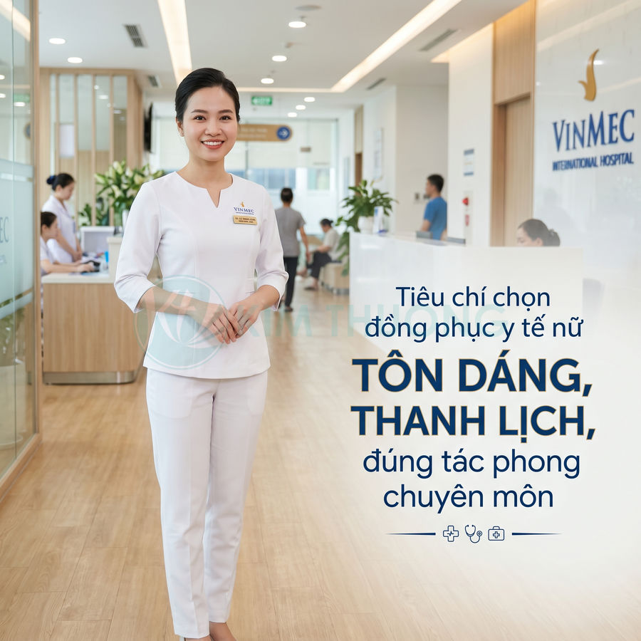 Nữ nhân viên y tế Vinmec mặc đồng phục trắng thanh lịch đứng trong sảnh bệnh viện hiện đại
