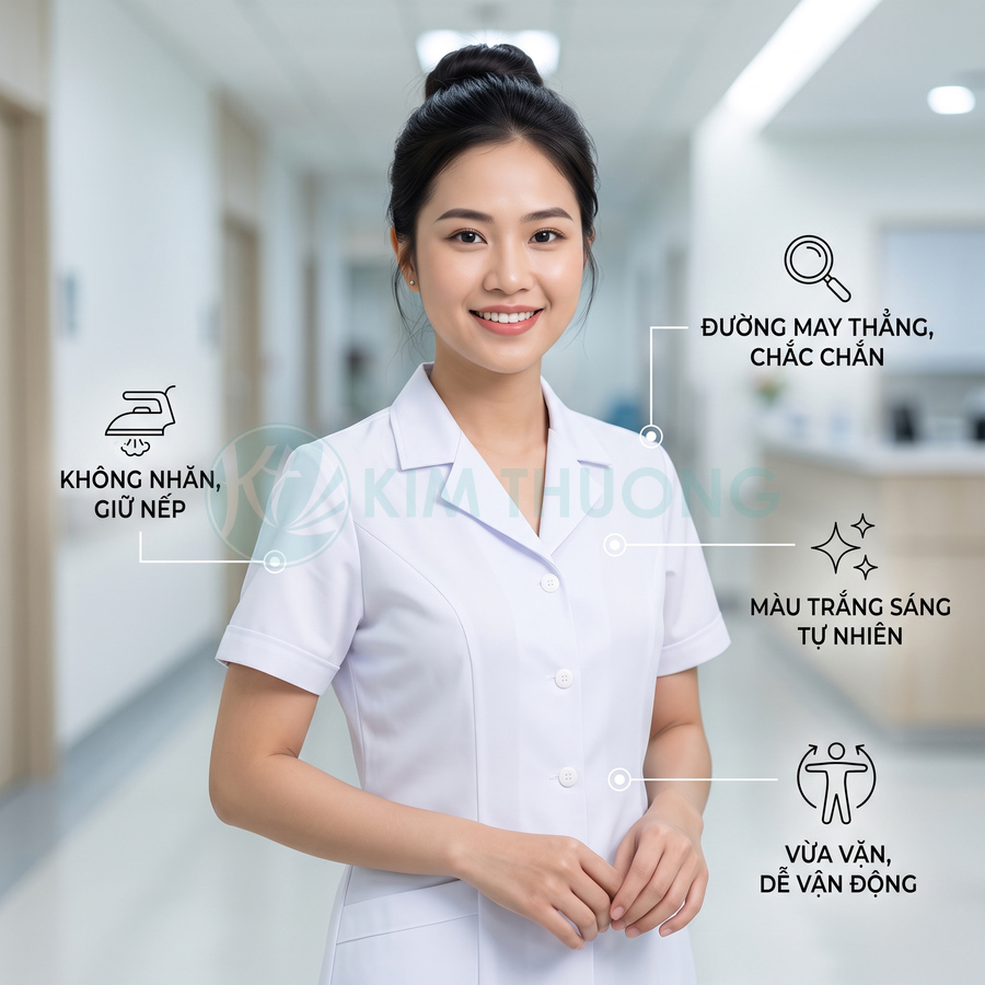 Đồng phục y tá nữ màu trắng sáng, không nhăn, đường may thẳng chắc chắn, form vừa vặn dễ vận động