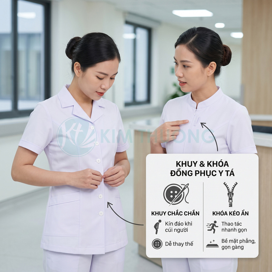Đồng phục y tá Kim Thịnh màu trắng tay ngắn với thiết kế cúc và khóa kéo ẩn tiện lợi