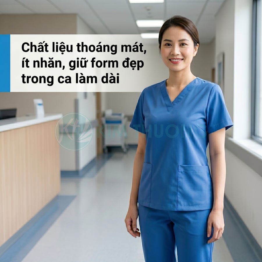 Đồng phục y tá màu xanh chất liệu thoáng mát ít nhăn giữ form đẹp trong ca làm việc dài