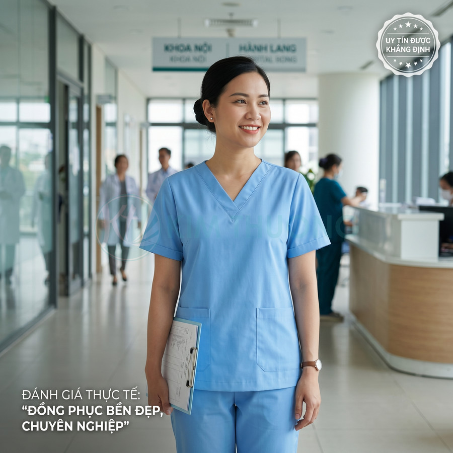 Nữ y tá mặc đồng phục y tế màu xanh dương cầm hồ sơ bệnh án trong hành lang bệnh viện