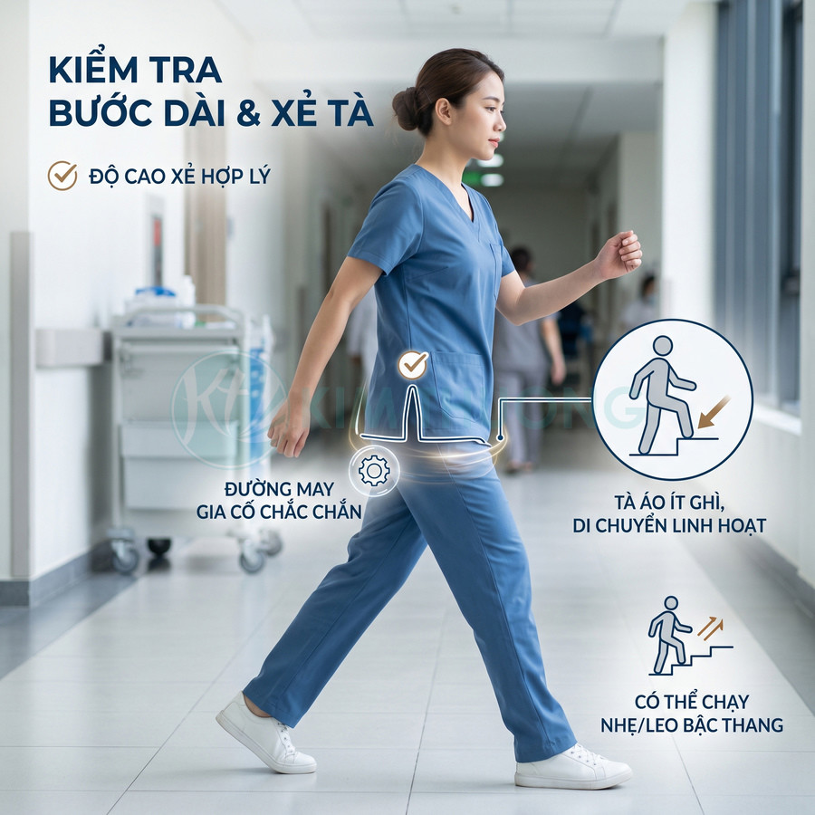 Đồng phục y tá màu xanh dương xẻ tà, đường may chắc chắn, giúp di chuyển linh hoạt trong bệnh viện