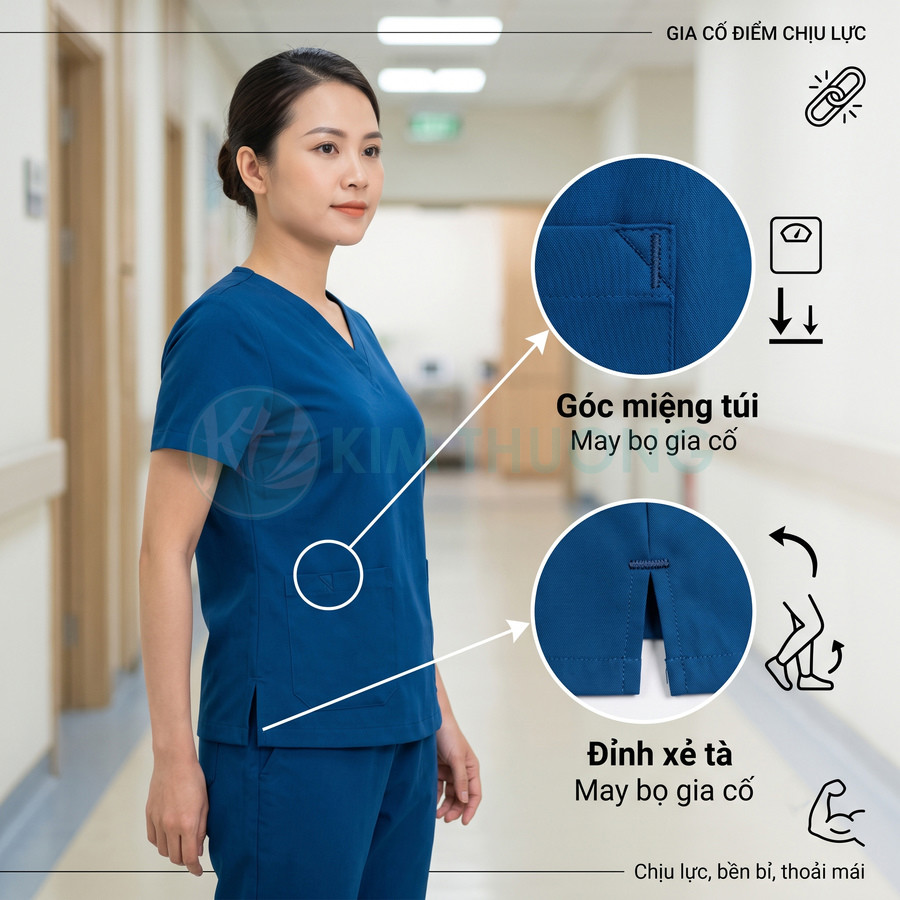 Đồng phục y tá màu xanh dương đậm có túi và xẻ tà được may gia cố, phù hợp môi trường bệnh viện