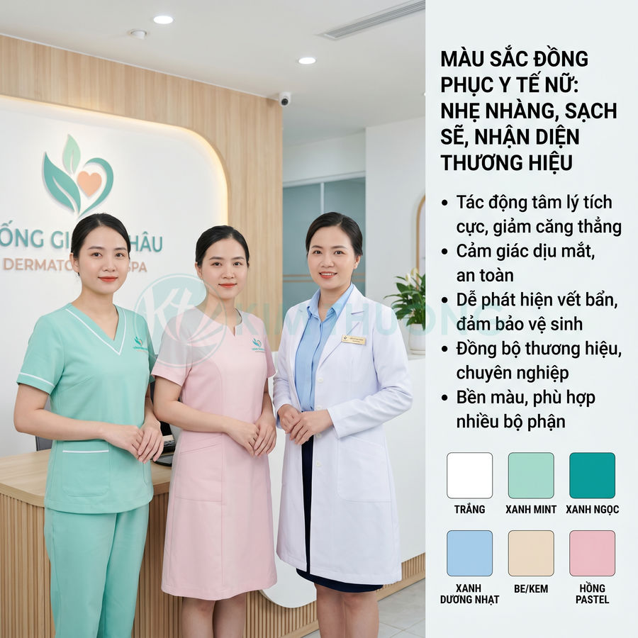 Đồng phục y tá nữ màu xanh mint, hồng pastel và áo blouse trắng tại phòng khám da liễu spa
