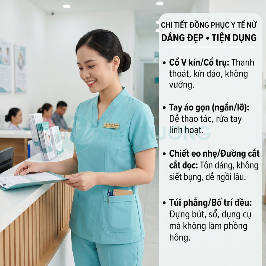 Nữ nhân viên y tế mặc đồng phục màu xanh ngọc cổ V tay ngắn đứng tại quầy lễ tân cầm hồ sơ