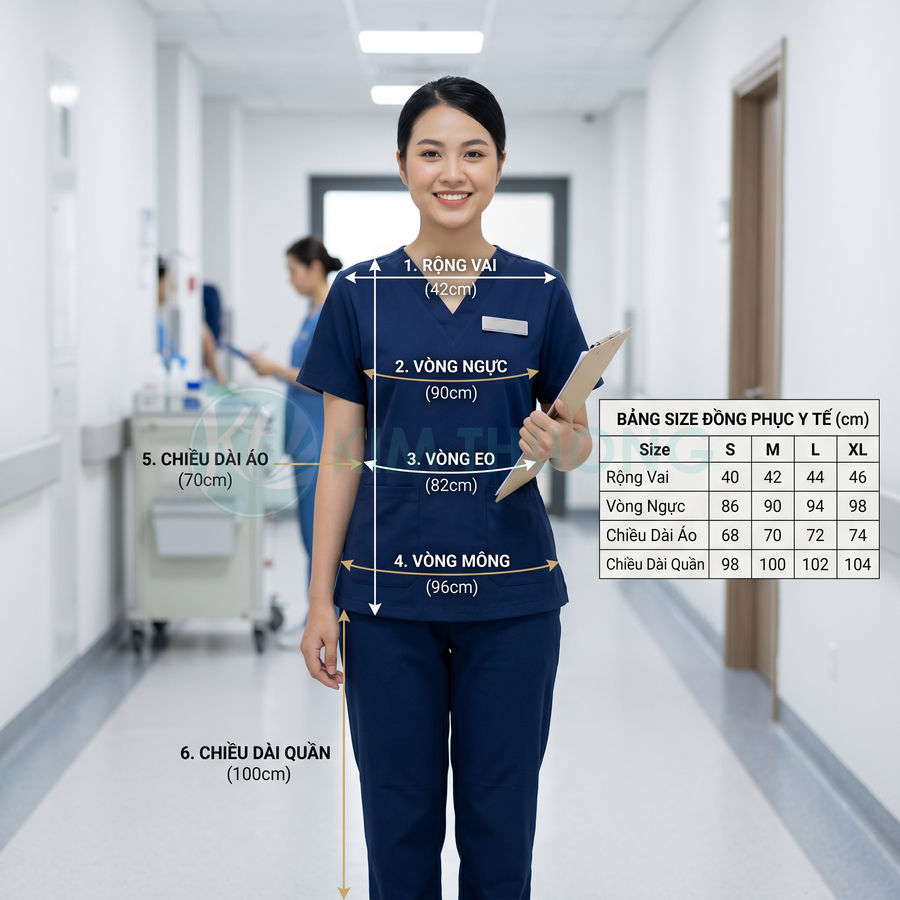 Nữ y tá mặc đồng phục y tế màu xanh navy kèm bảng hướng dẫn đo size và bảng size chi tiết