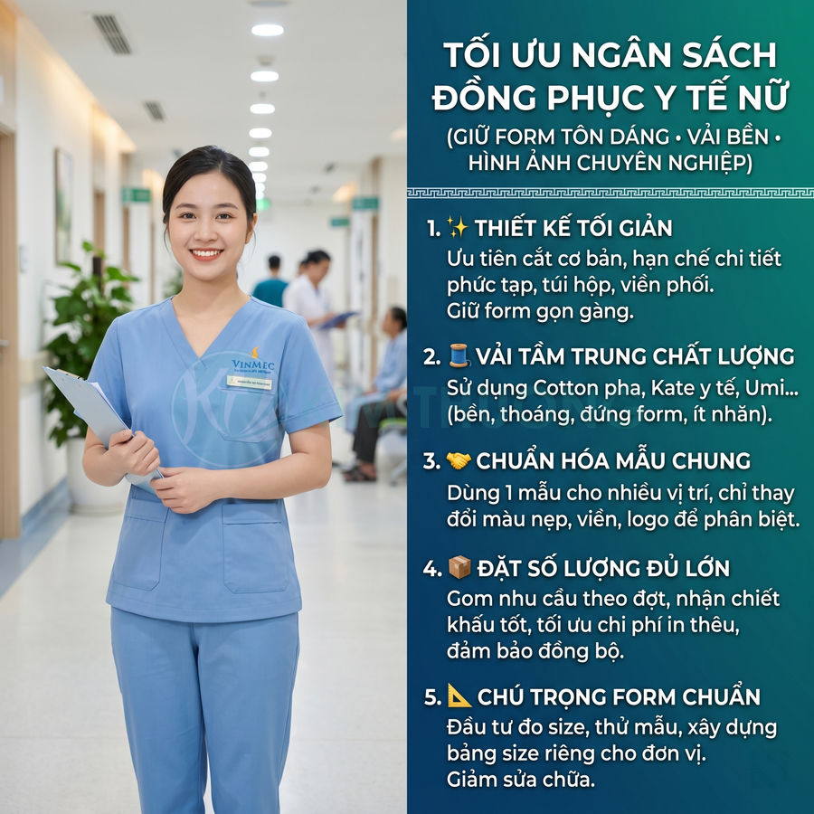 Nữ nhân viên y tế Vinmec mặc đồng phục màu xanh dương cầm hồ sơ đứng trong hành lang bệnh viện