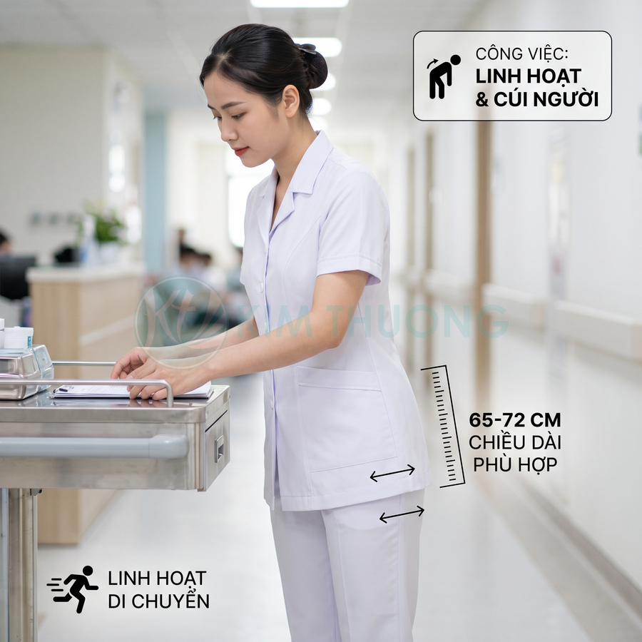 Đồng phục y tá nữ màu trắng tay ngắn dáng dài 65 72 cm phù hợp cho công việc linh hoạt di chuyển