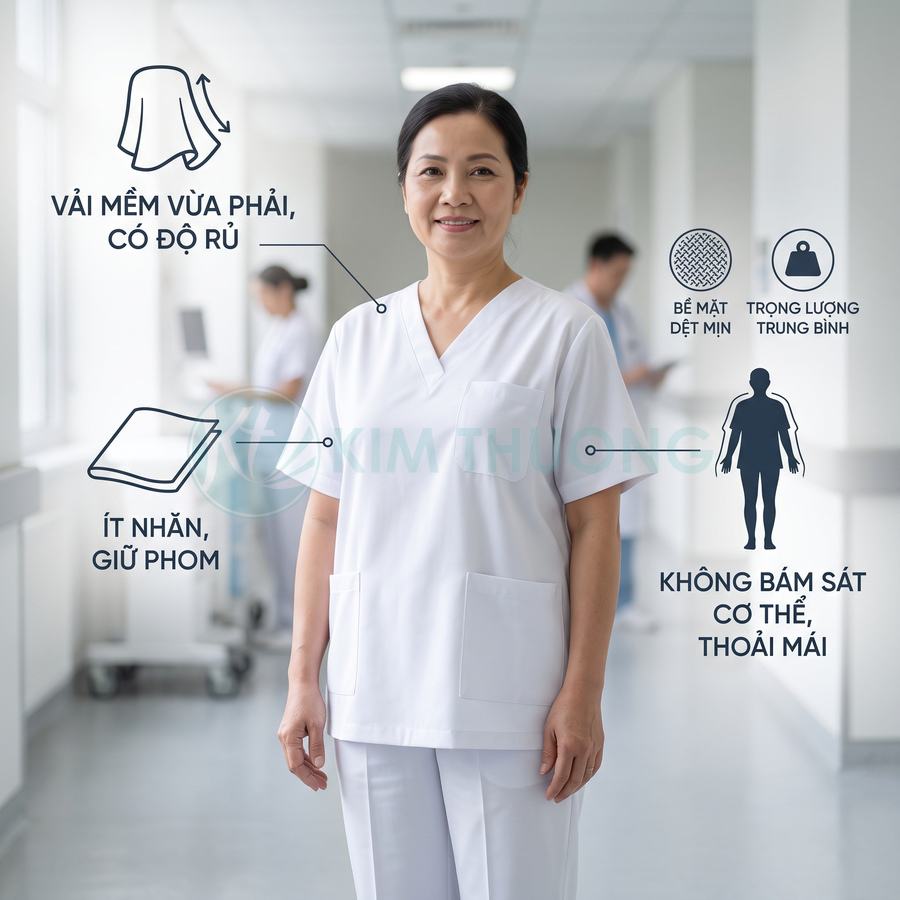 Đồng phục y tá nữ màu trắng vải mềm ít nhăn, phom rộng thoải mái trong bệnh viện