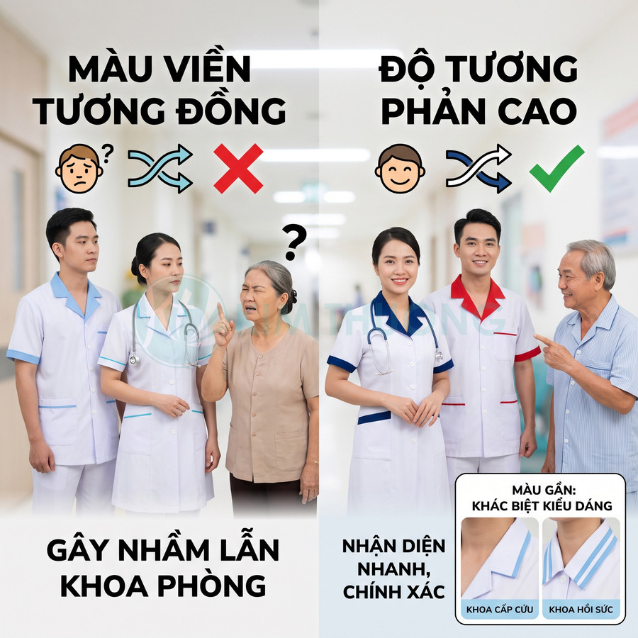 So sánh đồng phục y tá màu viền tương đồng và viền tương phản giúp bệnh nhân nhận diện khoa phòng chính xác