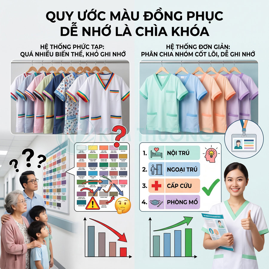 Đồng phục y tá bệnh viện nhiều màu sắc phân nhóm nội trú ngoại trú cấp cứu phòng mổ giúp bệnh nhân dễ nhận biết