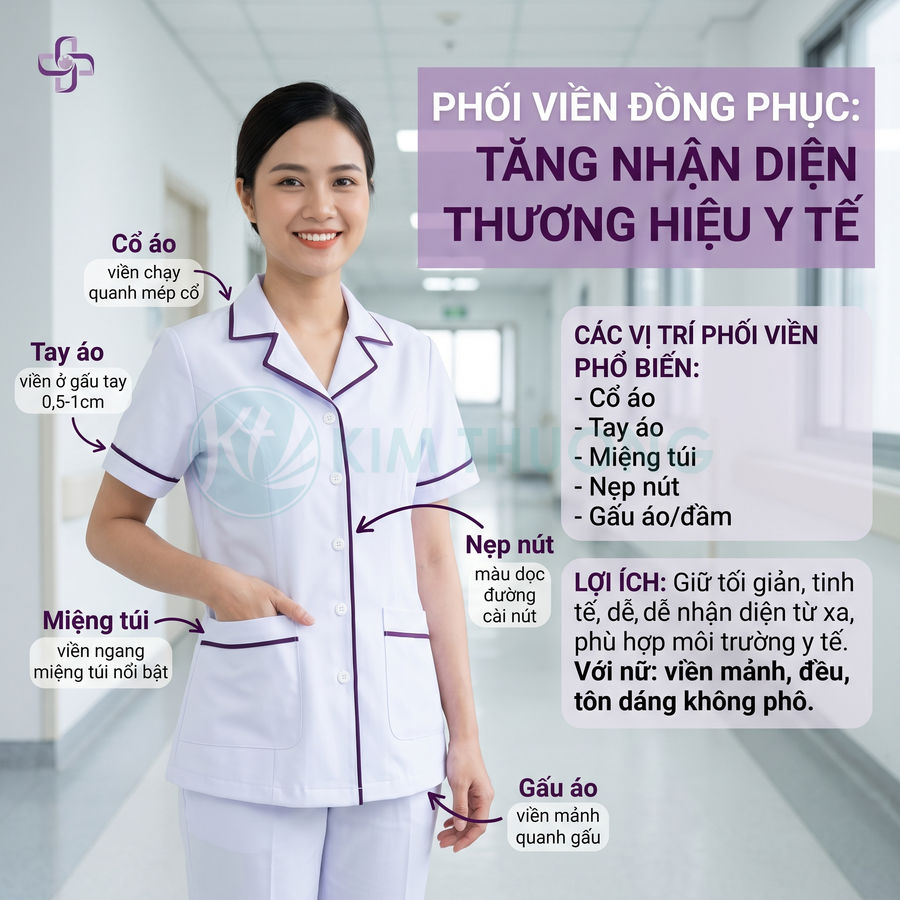 Nữ y tá mặc đồng phục y tế trắng phối viền tím đứng trong hành lang bệnh viện