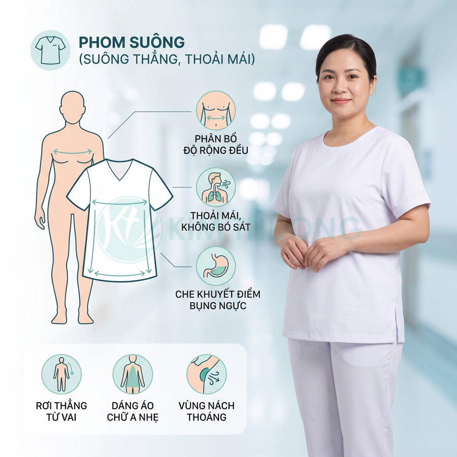 Đồng phục y tá nữ phom suông màu trắng, chất liệu thoáng mát, che khuyết điểm bụng ngực, dáng áo rơi thẳng từ vai