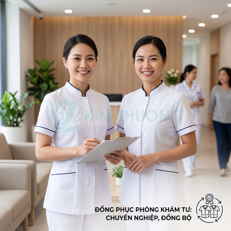Đồng phục y tá phòng khám tư màu trắng tay ngắn cổ trụ, thiết kế chuyên nghiệp và đồng bộ