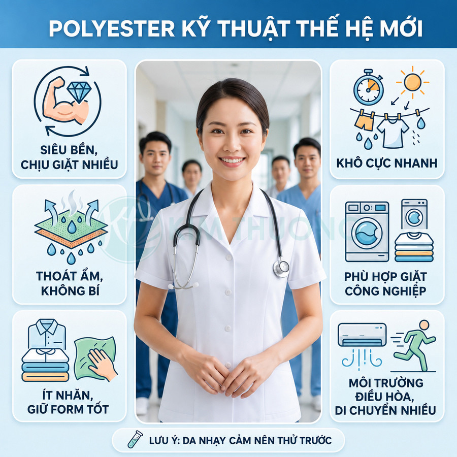 Đồng phục y tá vải polyester kỹ thuật thế hệ mới siêu bền, thoát ẩm, ít nhăn, khô nhanh, phù hợp giặt công nghiệp