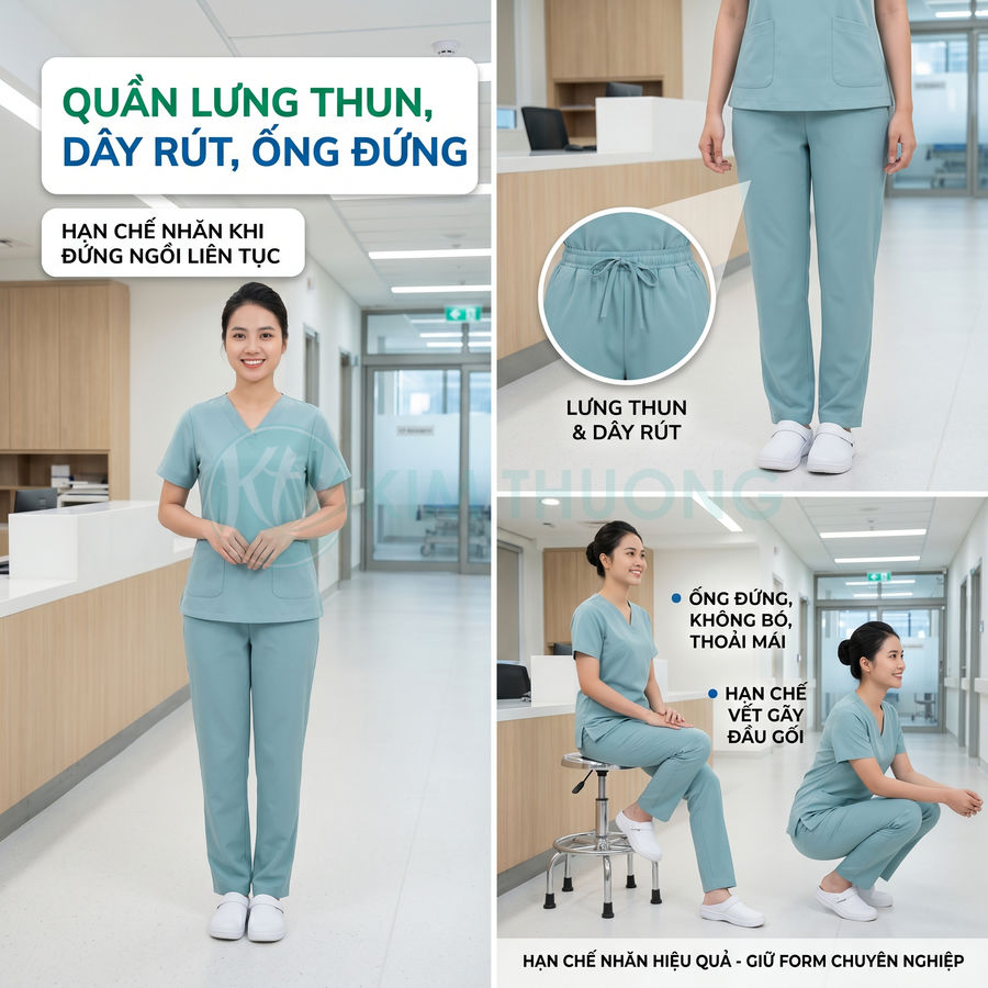 Đồng phục y tá màu xanh cổ tim, quần lưng thun ống đứng, chất liệu ít nhăn, phù hợp môi trường bệnh viện