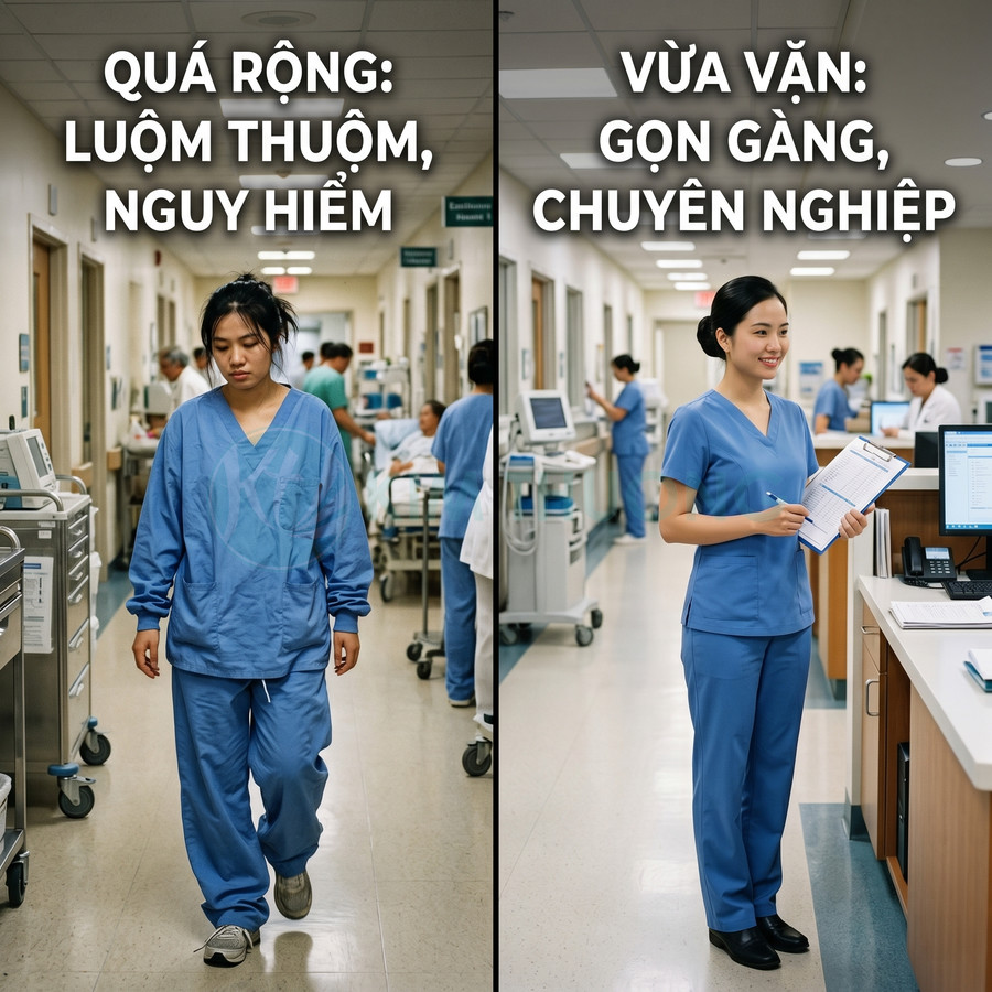 So sánh đồng phục y tá quá rộng và vừa vặn, nhấn mạnh sự gọn gàng, chuyên nghiệp và an toàn trong bệnh viện
