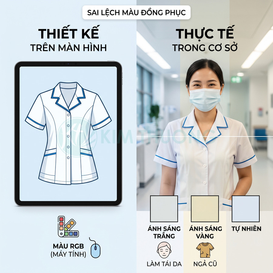 So sánh thiết kế đồng phục y tá trên màn hình và đồng phục thực tế dưới các loại ánh sáng khác nhau