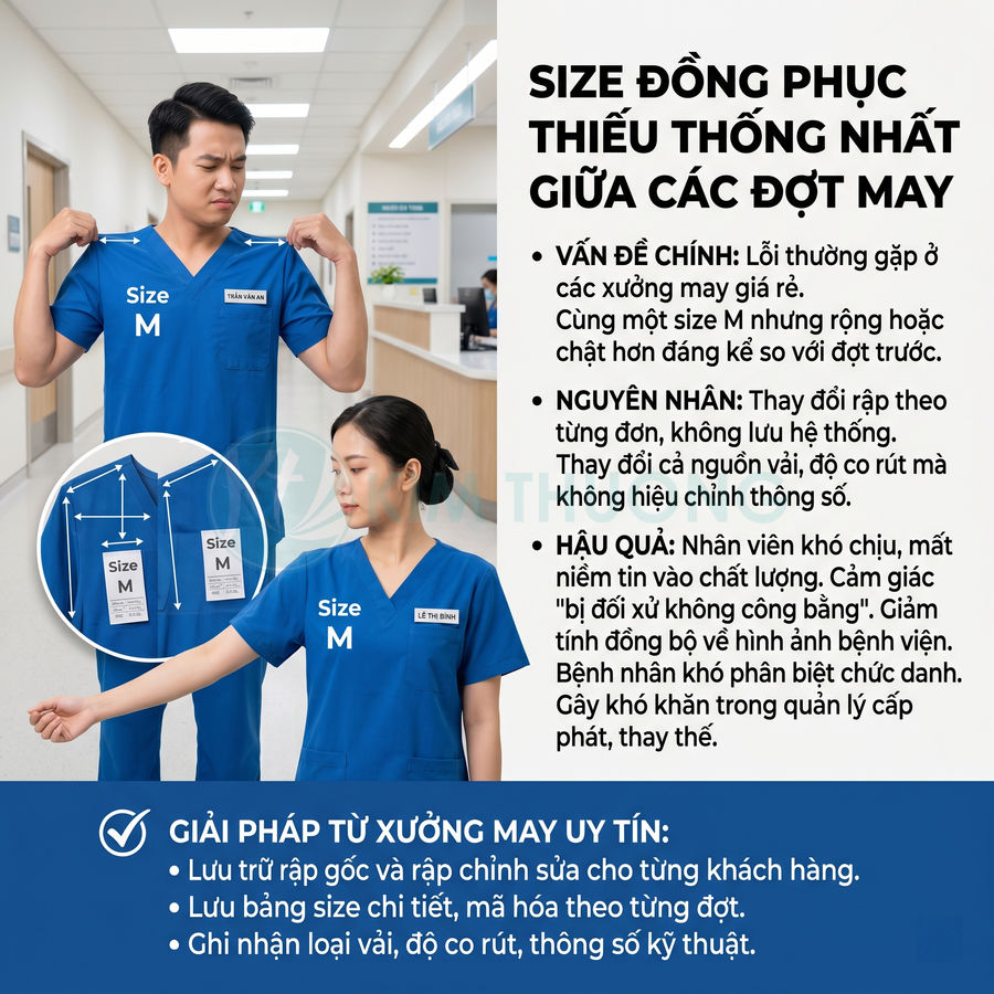 Nhân viên y tế mặc đồng phục màu xanh size M minh họa vấn đề sai lệch kích cỡ giữa các đợt may