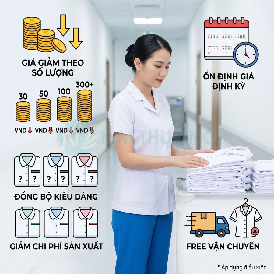 Nhân viên y tế mặc đồng phục trắng đứng gấp xếp áo blouse bệnh viện sạch sẽ trên xe đẩy