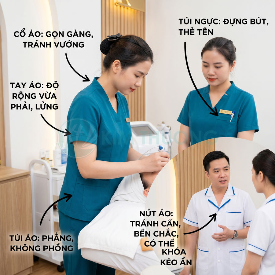 Đồng phục y tá spa màu xanh cổ tim, tay ngắn, túi ngực và túi hông phẳng, thiết kế gọn gàng khi chăm sóc khách hàng