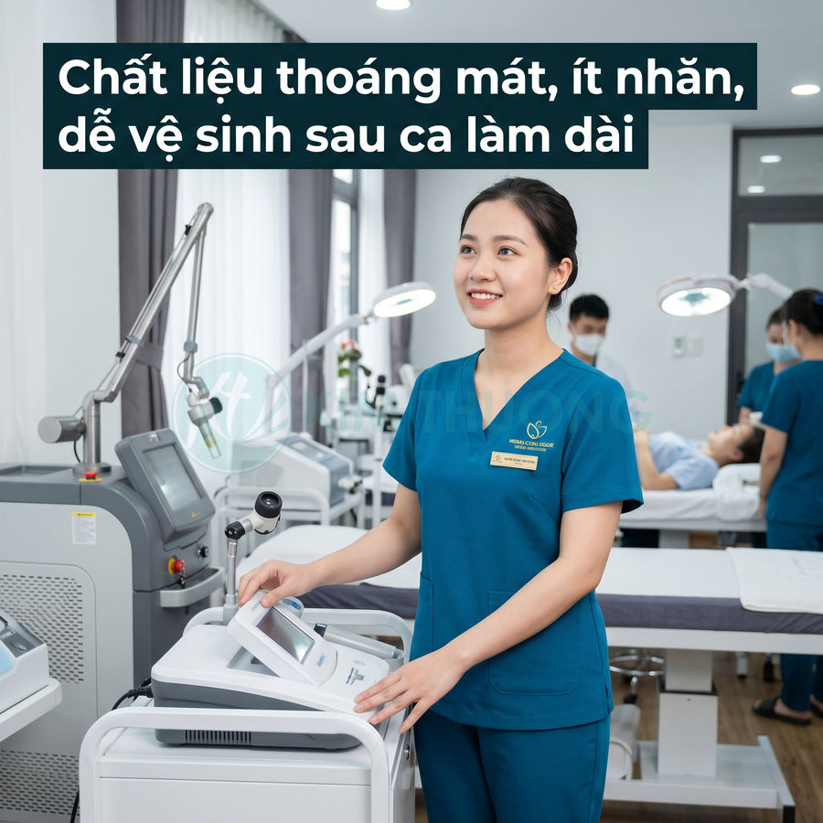 Đồng phục y tá màu xanh chất liệu thoáng mát ít nhăn trong phòng khám da liễu hiện đại