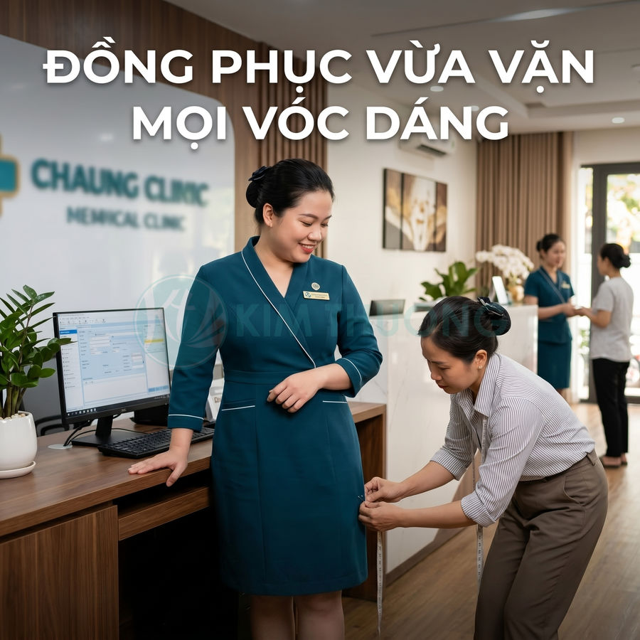 Nhân viên phòng khám mặc đồng phục váy xanh được đo may vừa vặn trong không gian lễ tân hiện đại