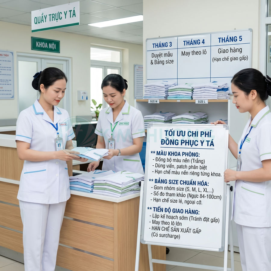 Đồng phục y tá màu trắng viền xanh, nhân viên y tế tư vấn chọn size tại quầy bệnh viện