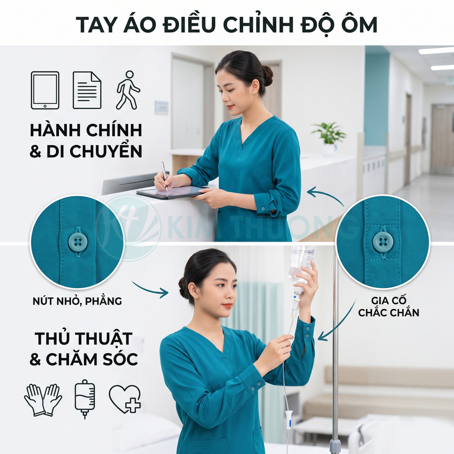 Đồng phục y tá tay áo điều chỉnh độ ôm, nút nhỏ phẳng, phù hợp công việc hành chính và chăm sóc bệnh nhân
