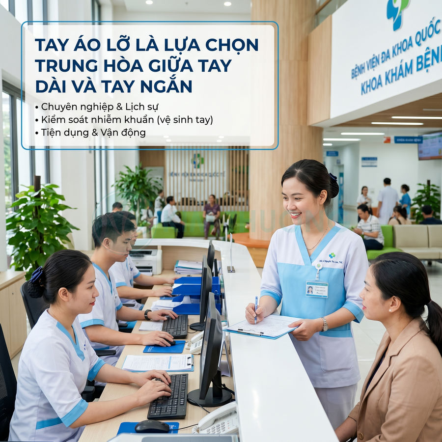 Đồng phục y tá tay áo lỡ màu trắng xanh tại quầy tiếp đón bệnh viện đa khoa hiện đại