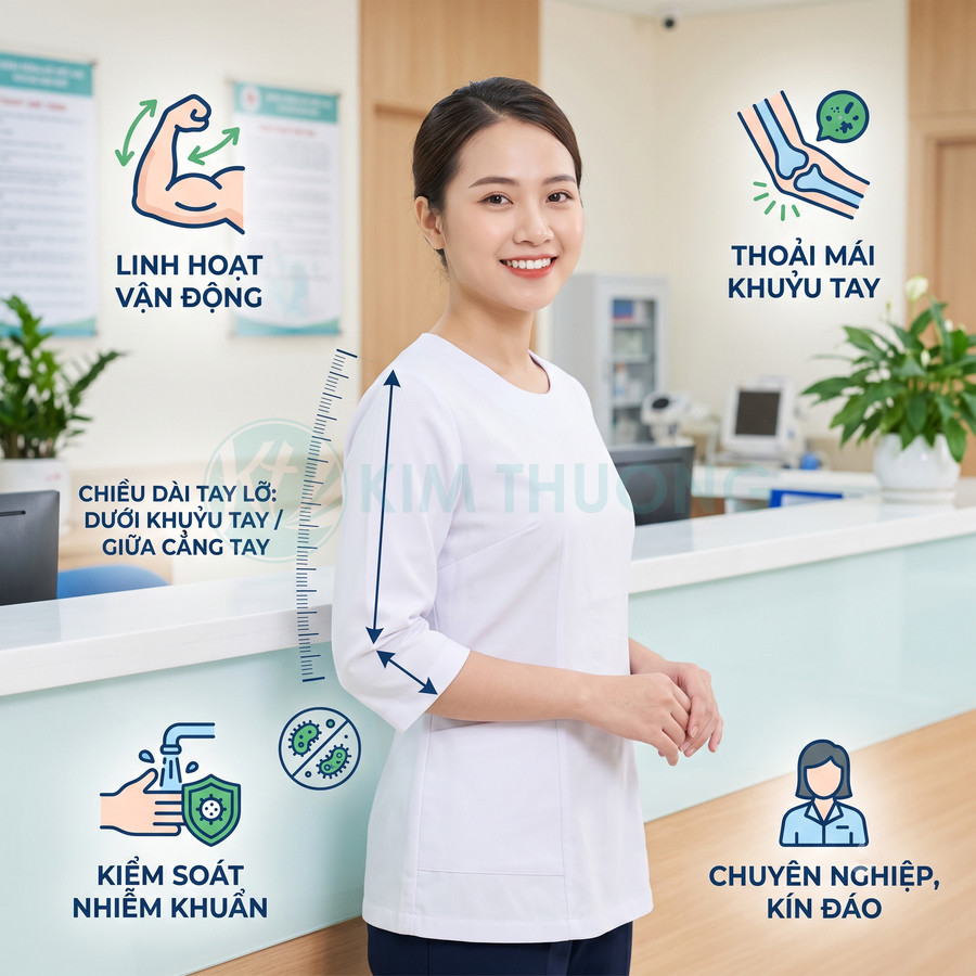 Đồng phục y tá tay lỡ màu trắng Kim Thương thiết kế kín đáo, linh hoạt, thoải mái khi vận động và kiểm soát nhiễm khuẩn