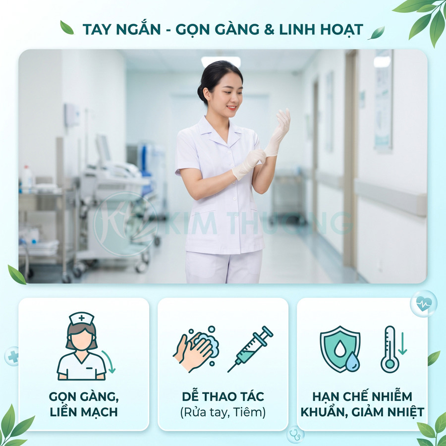 Điều dưỡng mặc đồng phục tay ngắn mang găng tay y tế trong hành lang bệnh viện sạch sẽ