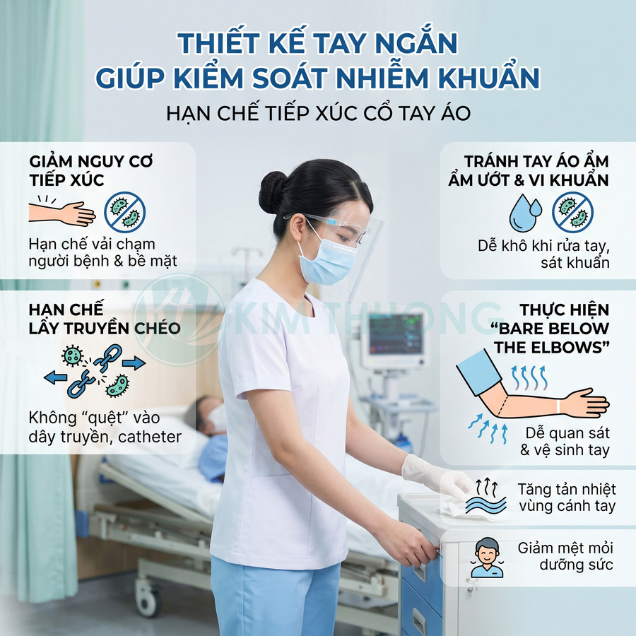 Đồng phục y tá tay ngắn màu trắng xanh giúp kiểm soát nhiễm khuẩn trong bệnh viện