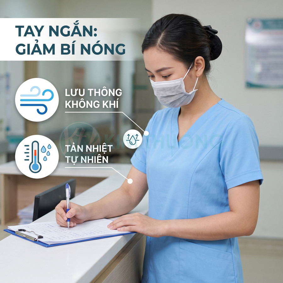 Đồng phục y tá tay ngắn màu xanh nhạt thoáng mát giúp lưu thông không khí và tản nhiệt tự nhiên
