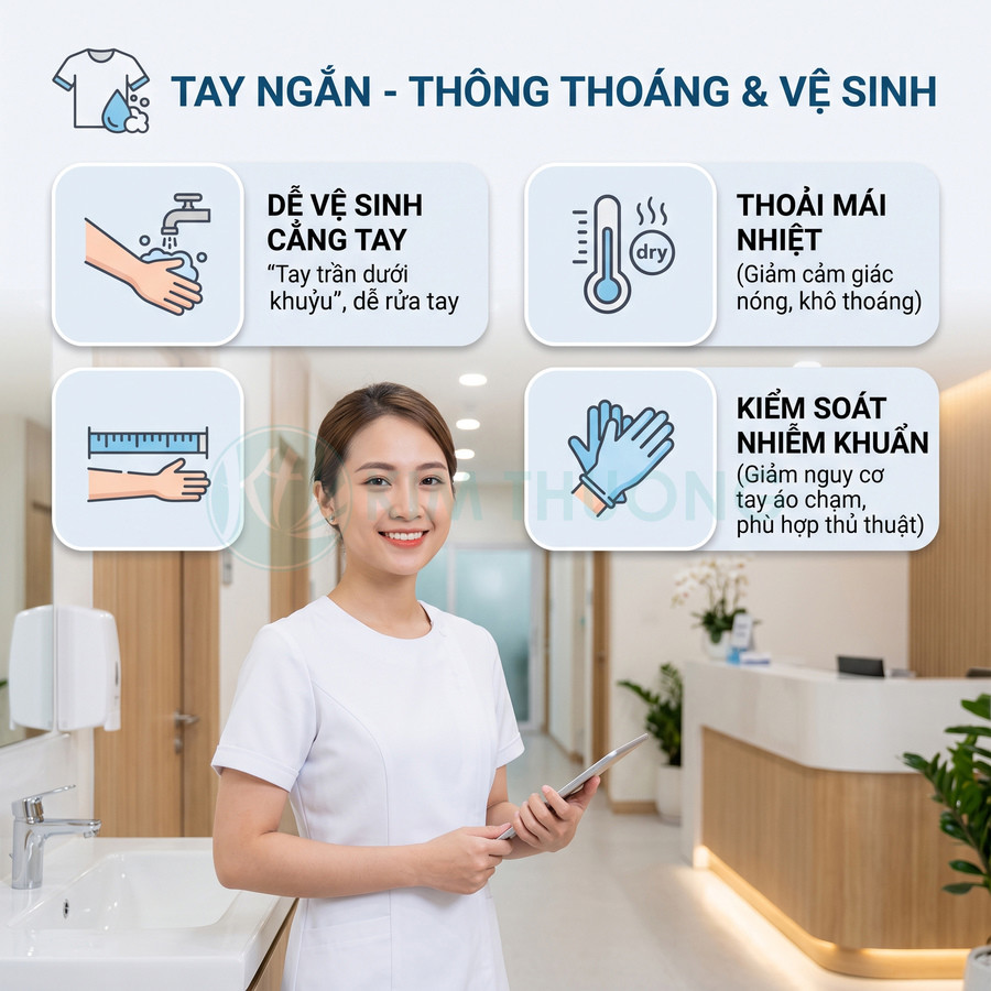 Nữ nhân viên y tế mặc đồng phục tay ngắn màu trắng đứng trong phòng khám hiện đại