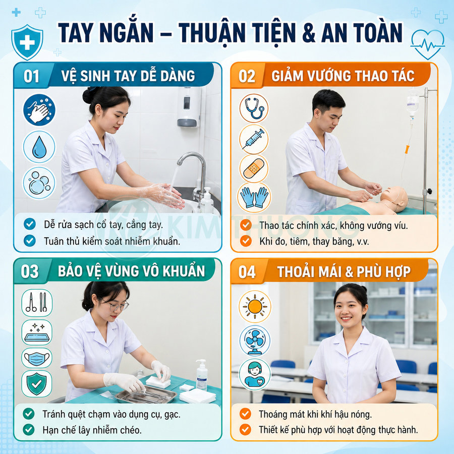 Đồng phục y tá tay ngắn màu trắng giúp vệ sinh tay dễ dàng, thao tác thuận tiện và thoải mái khi làm việc