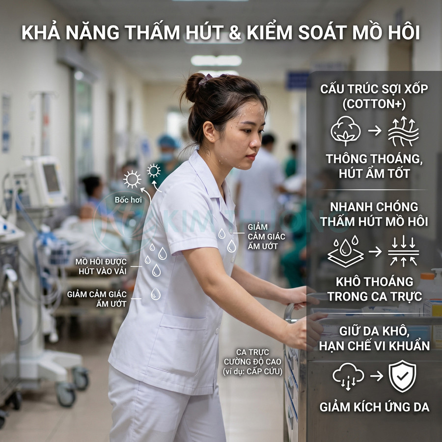 Đồng phục y tá vải cotton thấm hút mồ hôi tốt, thoáng mát, giúp giảm ẩm ướt và giữ da khô trong ca trực