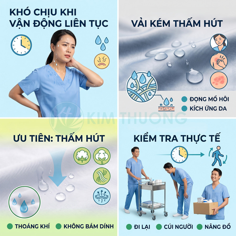 Đồng phục y tá màu xanh chất liệu thấm hút tốt, thoáng khí, hạn chế đọng mồ hôi khi vận động nhiều