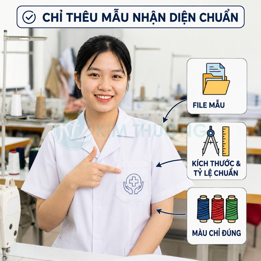 Nữ nhân viên mặc áo blouse trắng thêu logo y tế trên túi áo trong xưởng may