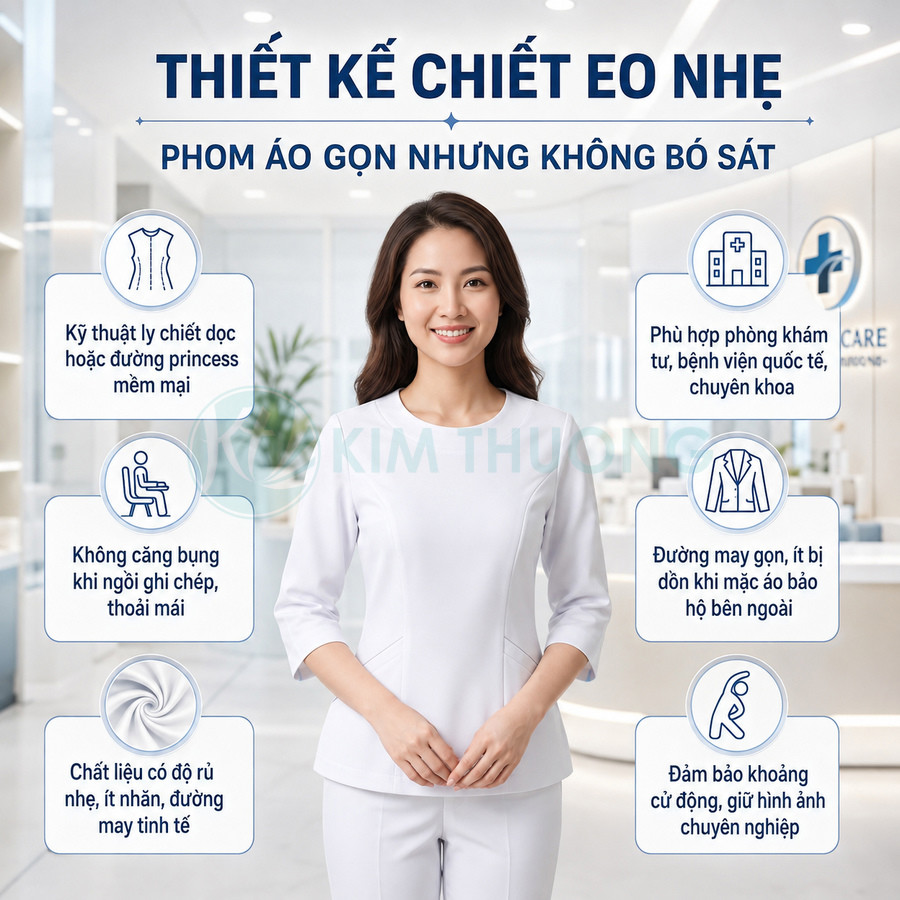 Nữ nhân viên y tế mặc đồng phục trắng chiết eo nhẹ, tay lửng, đứng trong sảnh phòng khám hiện đại