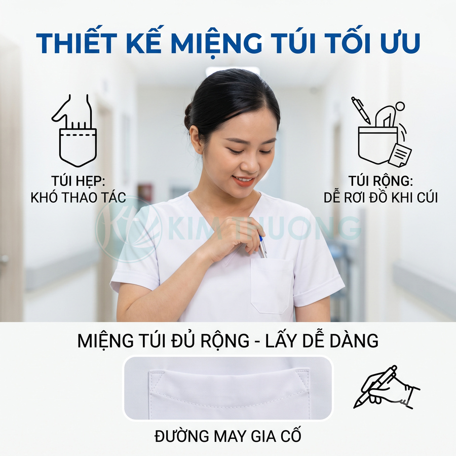 Đồng phục y tá trắng với thiết kế miệng túi ngực tối ưu, miệng túi vừa đủ rộng và có đường may gia cố