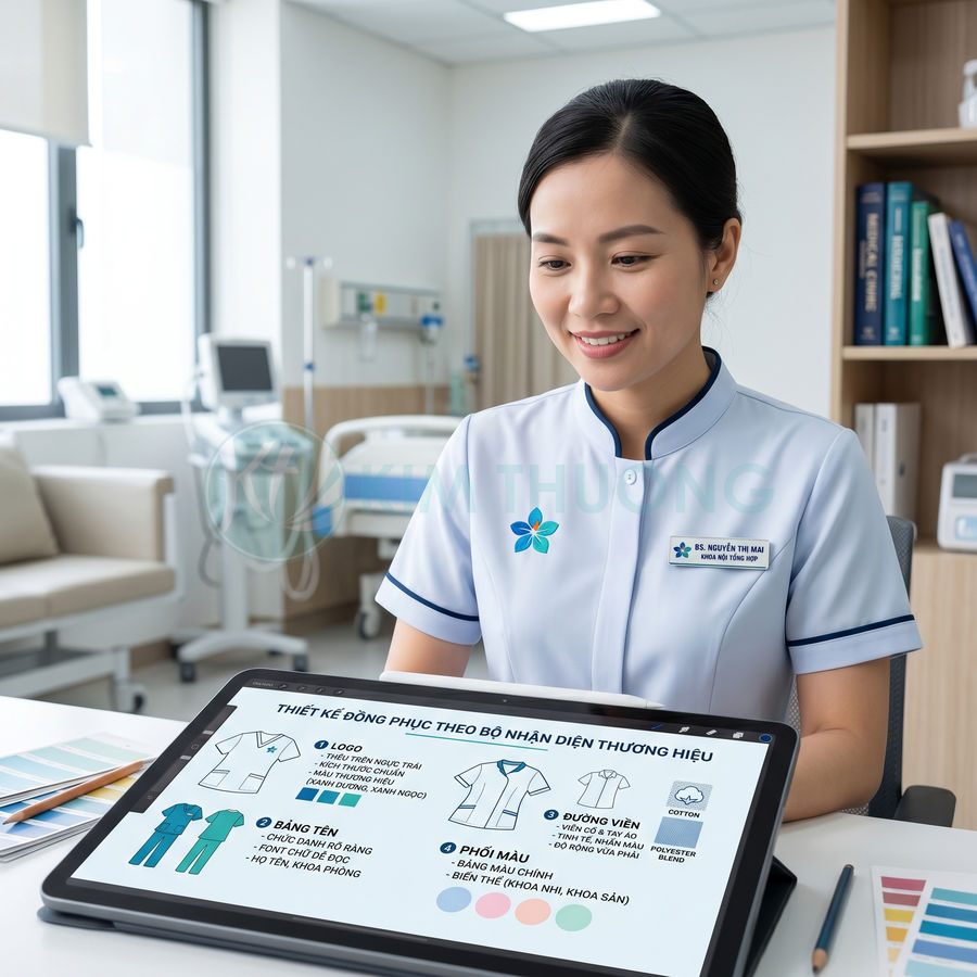 Nữ nhân viên y tế mặc đồng phục bệnh viện trắng xanh đang xem bản thiết kế đồng phục trên máy tính bảng