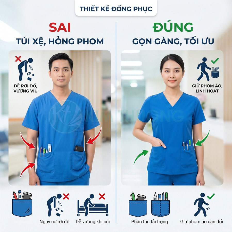 So sánh đồng phục y tá màu xanh với thiết kế túi áo sai lệch và thiết kế túi gọn gàng tối ưu