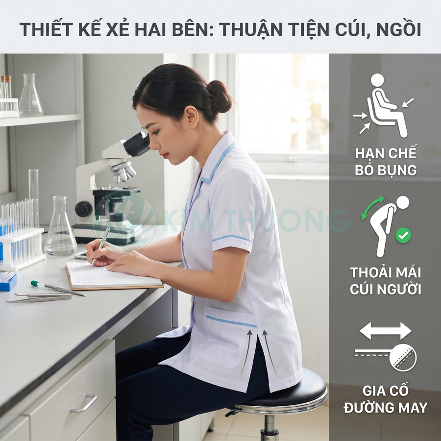 Áo blouse y tế nữ thiết kế xẻ hai bên giúp ngồi và cúi người thoải mái trong phòng thí nghiệm