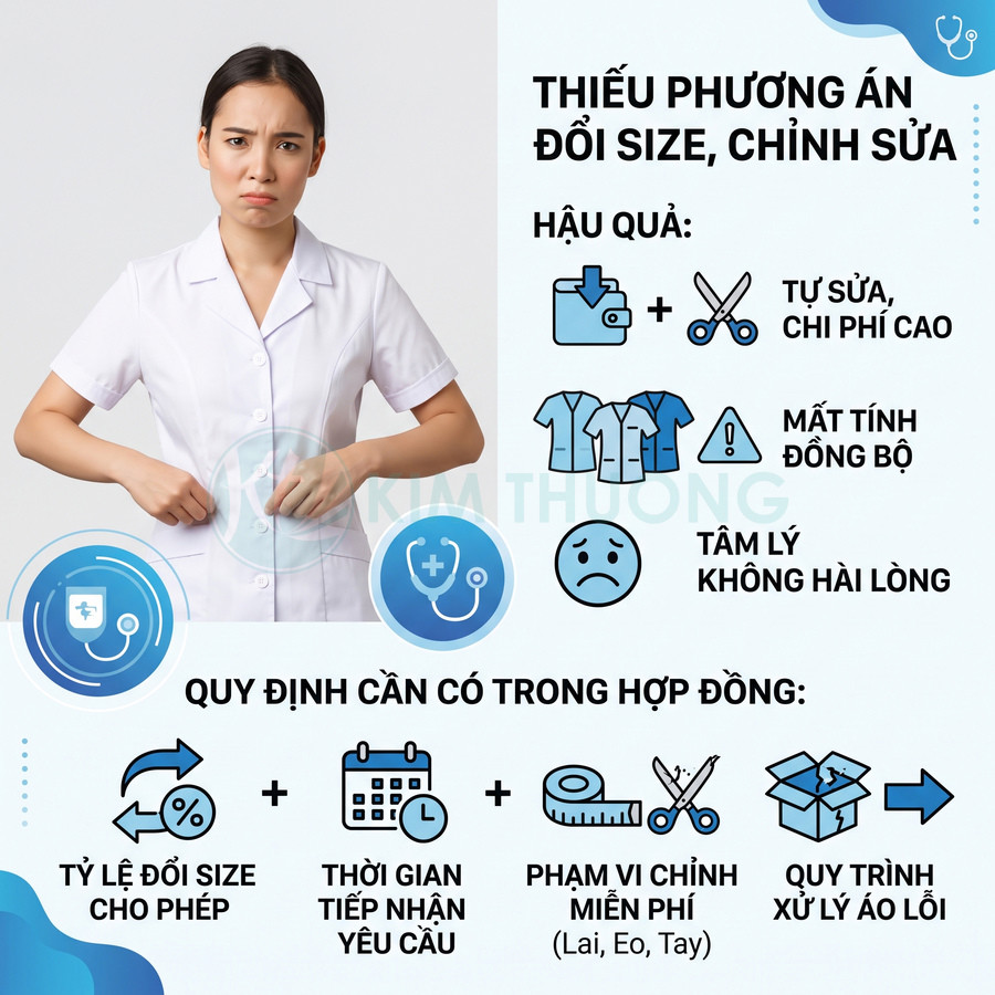 Nữ nhân viên y tế mặc áo blouse trắng không vừa size, minh họa quy định đổi size và chỉnh sửa đồng phục