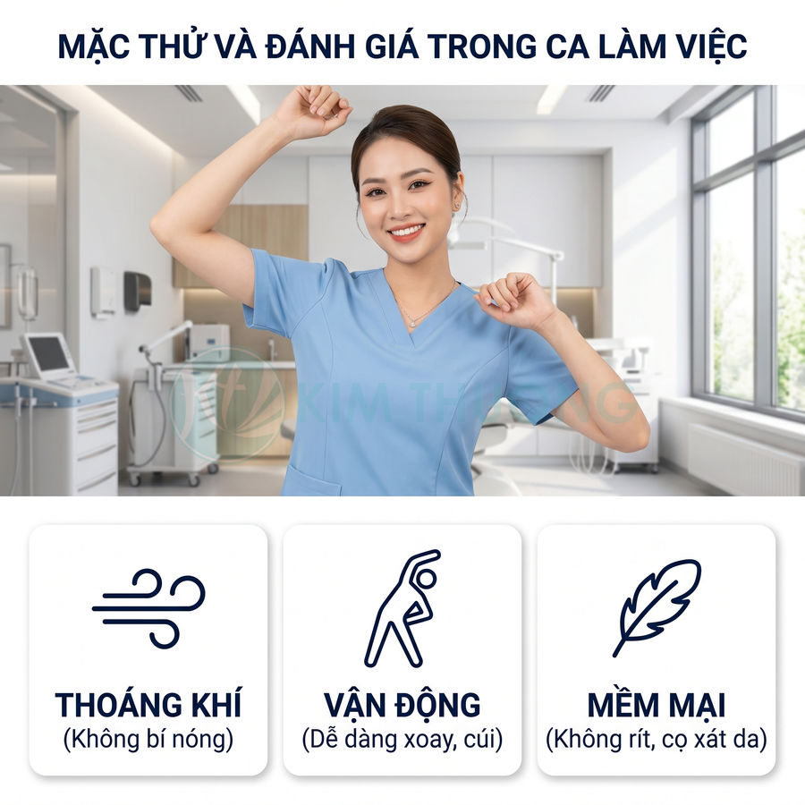 Đồng phục y tá màu xanh dương thoáng khí, co giãn dễ vận động và chất vải mềm mại trong phòng khám hiện đại