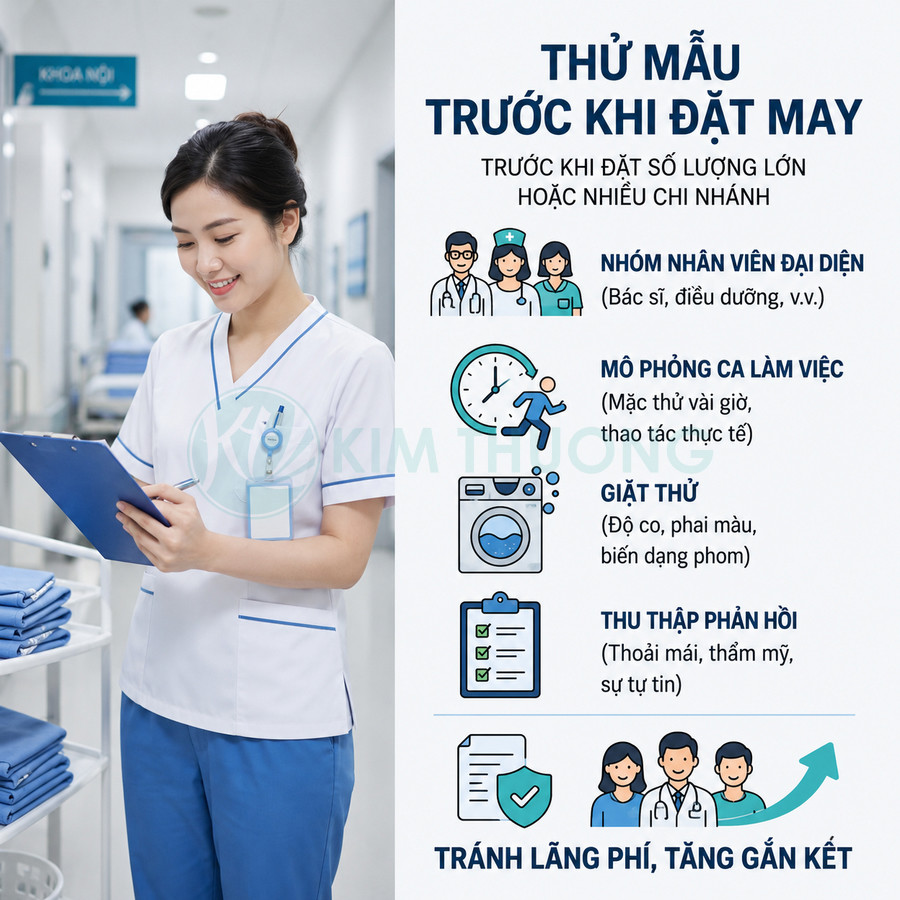 Nữ y tá mặc đồng phục y tế trắng xanh cầm bìa hồ sơ đứng trong hành lang bệnh viện