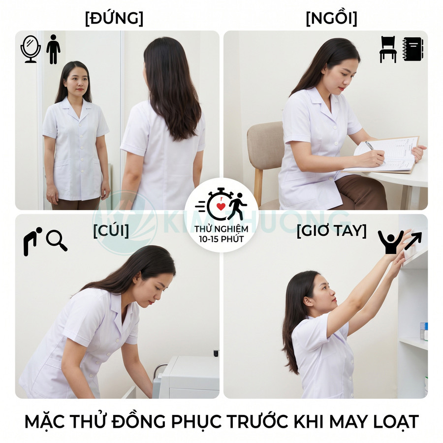 Nhân viên nữ mặc thử đồng phục y tế màu trắng, đứng ngồi cúi và giơ tay kiểm tra độ thoải mái
