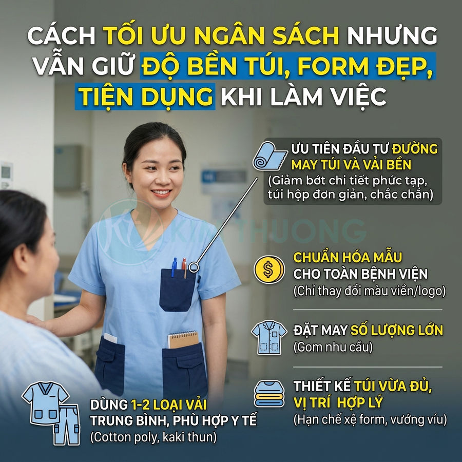 Nữ y tá mặc đồng phục y tế xanh túi lớn tiện dụng, đứng tư vấn cho bệnh nhân trong bệnh viện