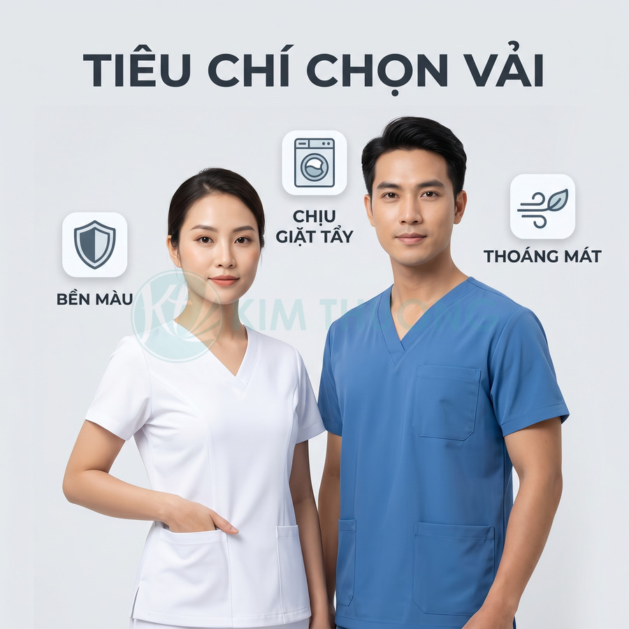 Đồng phục y tá nam nữ cổ tim màu trắng và xanh dương, chất liệu bền màu, chịu giặt tẩy, thoáng mát